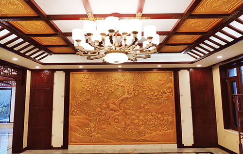 玉屏中式别墅客厅中式木作横梁吊顶装饰展示